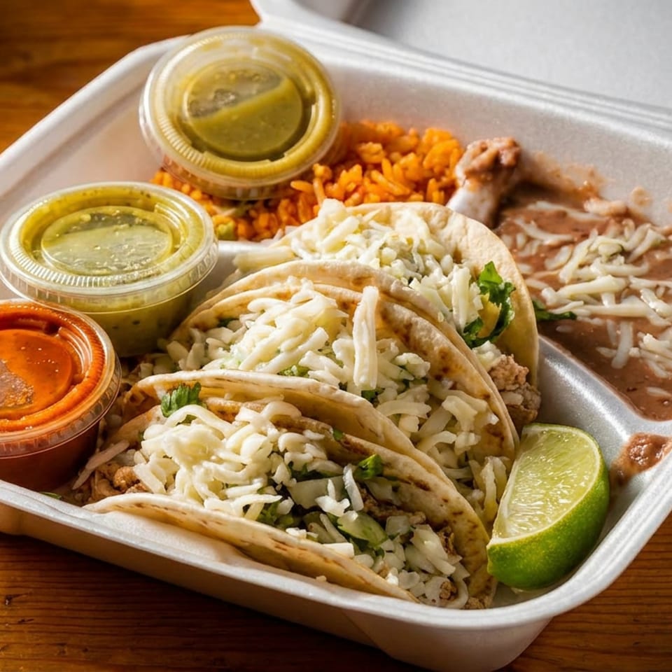 Takeout tray with three cheesy tacos, Mexican rice, refried beans, lime wedge, and containers of red and green salsa.