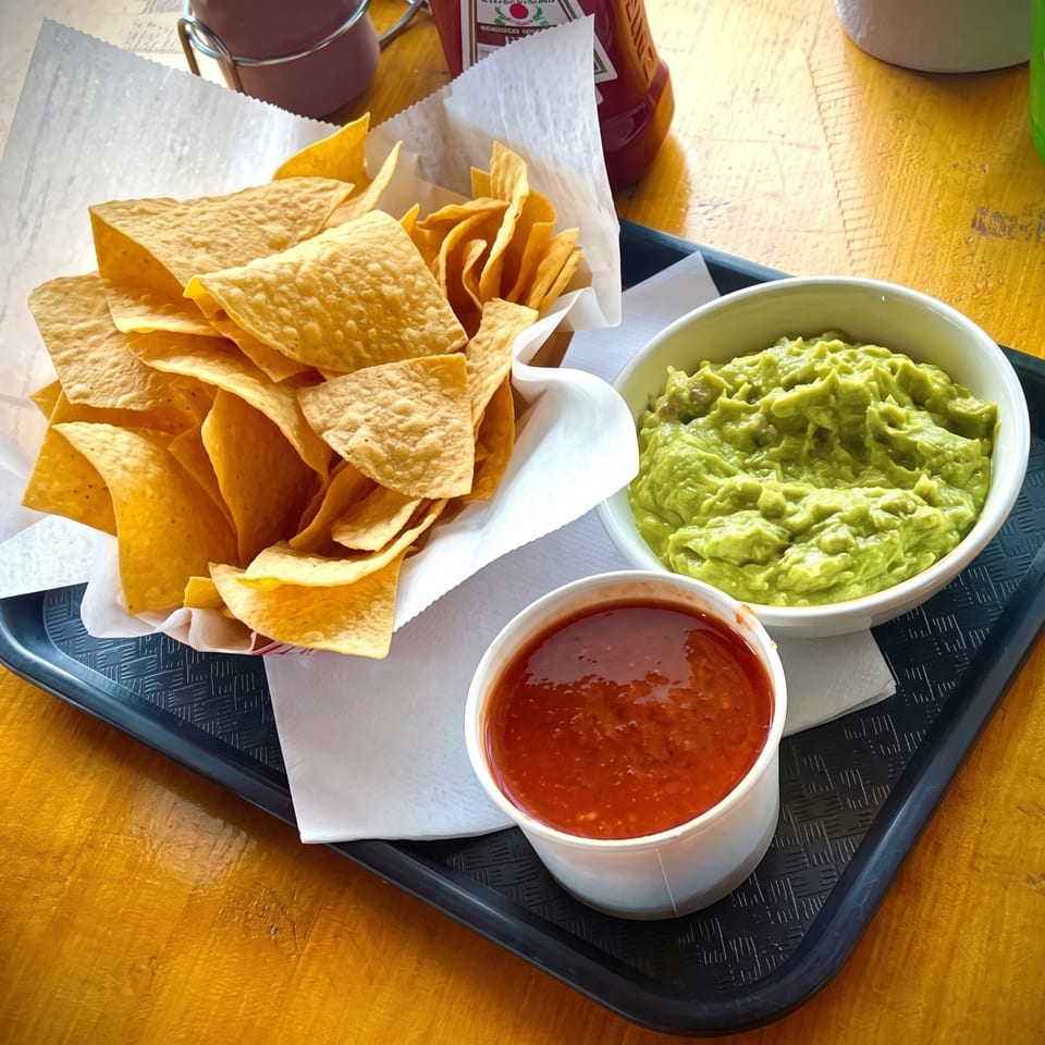 Basket of tortilla chips with guacamole and red salsa on a restaurant tray beside a green Jarritos soda.