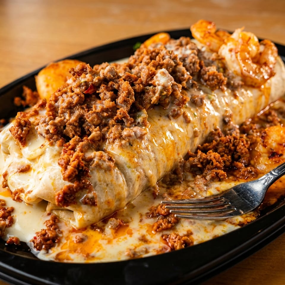 Cheesy burrito topped with seasoned ground beef and shrimp, served with orange sauce on a black plate.