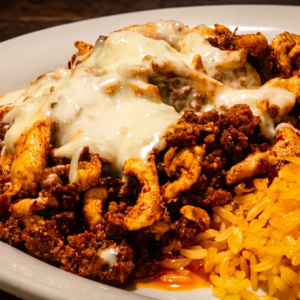 Plate of seasoned chicken and ground meat covered in melted cheese, served with yellow rice on a wooden table.